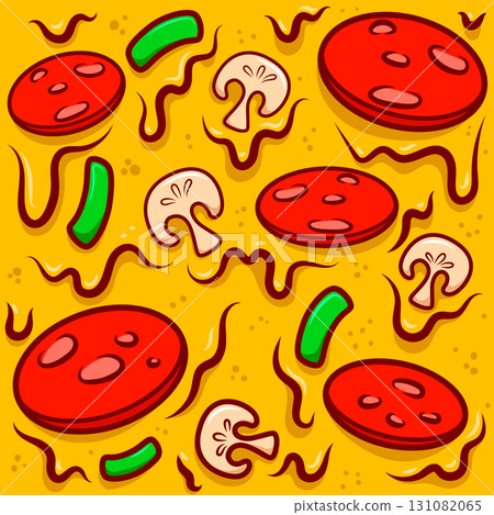 Pizza background. Pattern with salami, mushrooms and cheese. Vector illustration 131082065