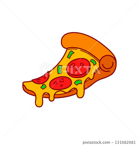 Pizza slice. Cartoon pizza illustration. Pizza with Melted cheese Cartoon Icon. Design element for emblem, poster, icon, menu. Vector illustration 131082081