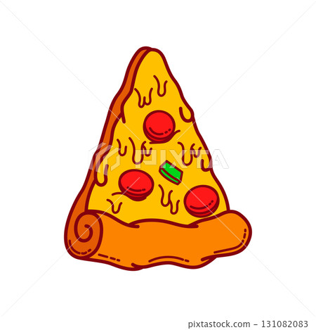 Pizza slice. Cartoon pizza illustration. Pizza with Melted cheese Cartoon Icon. Design element for emblem, poster, icon, menu. Vector illustration Pizza slice. Cartoon pizza illustration. Pizza with Melted cheese Cartoon Icon. Design element for emblem, poster, icon, menu. Vector illustration 131082083