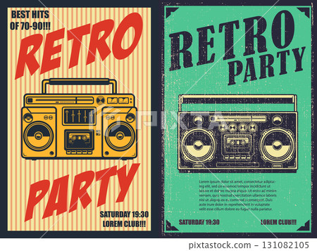 Retro party. Poster template with retro style boombox. Design element for banner, sign, flyer. Vector illustration Retro party. Poster template with retro style boombox. Design element for banner, sign, flyer. Vector illustration 131082105