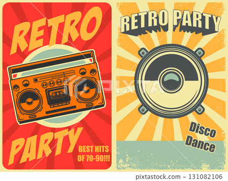 Retro party. Poster template with retro style boombox, microphone. Design element for banner, sign, flyer. Vector illustration 131082106