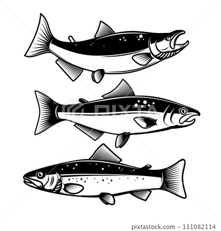 Set of salmon fish icons isolated on white background. Design element for poster, logo, label, emblem, sign, t shirt. Vector illustration Set of salmon fish icons isolated on white background. Design element for poster, logo, label, emblem, sign, t shirt. Vector illustration 131082114