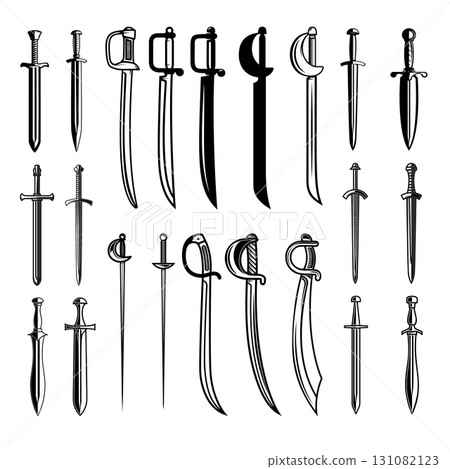 Set of illustrations of medieval swords. Design element for poster, card, banner,emblem, sign. Vector illustration 131082123