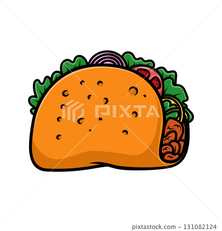 Illustration of taco in cartoon style. Design element for logo, label, badge, emblem. Vector illustration Illustration of taco in cartoon style. Design element for logo, label, badge, emblem. Vector illustration 131082124