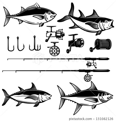 Set of Tuna fish illustration on white background. Design element for logo, label, emblem, sign, badge. Vector image 131082126