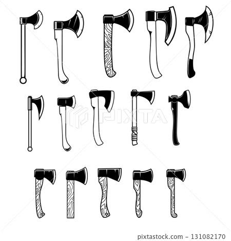 Set of illustrations of lumberjack axe in vintage monochrome style. Design element for logo, label, sign, emblem, poster. Vector illustration Set of illustrations of lumberjack axe in vintage monochrome style. Design element for logo, label, sign, emblem, poster. Vector illustration 131082170