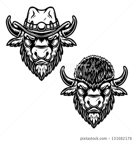Illustration of buffalo in cowboy hat. Design element for poster, t shirt, sign. Vector illustration Illustration of buffalo in cowboy hat. Design element for poster, t shirt, sign. Vector illustration 131082178