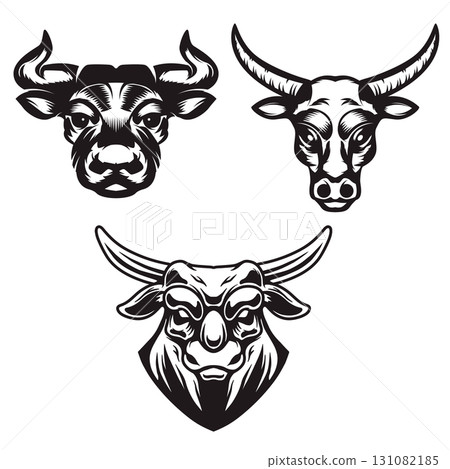 Set of hand drawn bull heads on white background. Design elements for emblem, sign, badge. Vector illustration 131082185