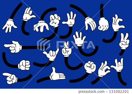 Set of cartoon hands in gloves. Retro style mascot hands. Rubber hose style hands. Vector illustration Set of cartoon hands in gloves. Retro style mascot hands. Rubber hose style hands. Vector illustration 131082201