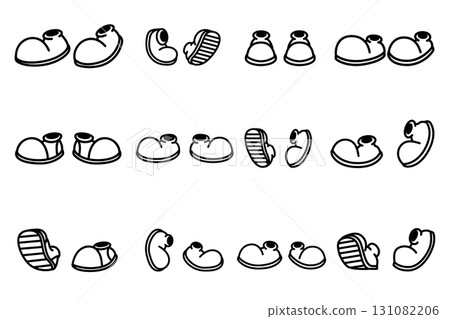 Set of vintage cartoon shoes. Cartoon boot. Comic retro boots in different poses. Vector illustrations 131082206