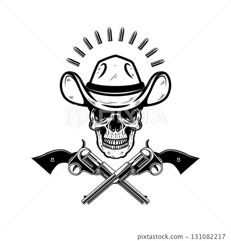 Cowboy skull with crossed revolvers. Design element for poster, t shirt, emblem. Vector illustration 131082217