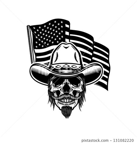 Cowboy skull with american flag. Design element for poster, t shirt, emblem. Vector illustration 131082220