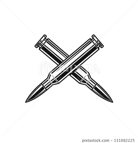 Crossed bullets cartridges from assault rifle. Design element for poster, card, banner, sign, logo, label, emblem. Vector illustration 131082225
