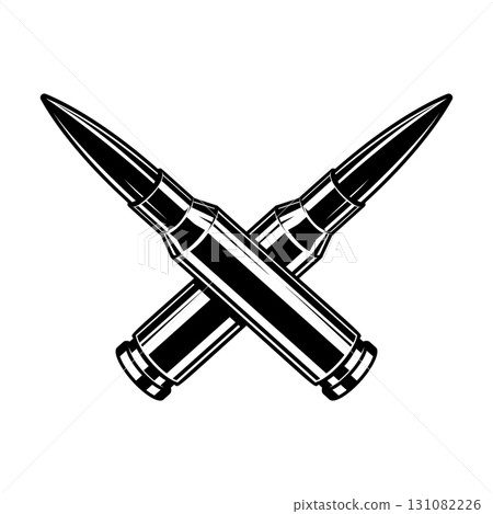 Crossed bullets cartridges from assault rifle. Design element for poster, card, banner, sign, logo, label, emblem. Vector illustration 131082226