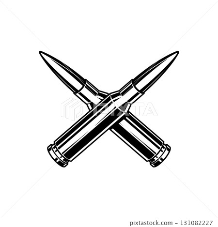 Crossed bullets cartridges from assault rifle. Design element for poster, card, banner, sign, logo, label, emblem. Vector illustration Crossed bullets cartridges from assault rifle. Design element for poster, card, banner, sign, logo, label, emblem. Vector illustration 131082227