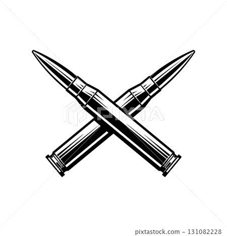 Crossed bullets cartridges from assault rifle. Design element for poster, card, banner, sign, logo, label, emblem. Vector illustration 131082228