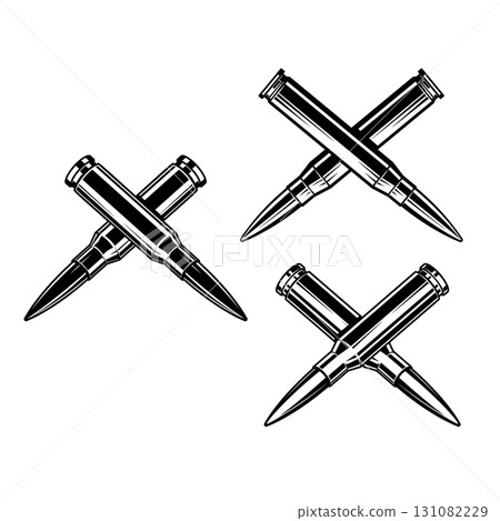 Crossed bullets cartridges from assault rifle. Design element for poster, card, banner, sign, logo, label, emblem. Vector illustration 131082229