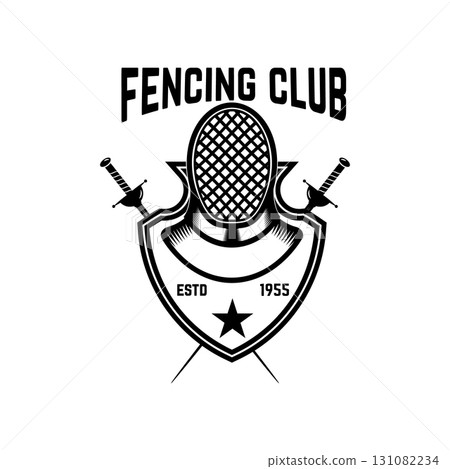 fencing sport emblem, badge and design element. Fencing swords, face guard. Vector illustration 131082234