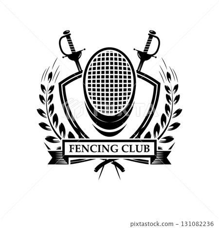 fencing sport emblem, badge and design element. Fencing swords, face guard. Vector illustration fencing sport emblem, badge and design element. Fencing swords, face guard. Vector illustration 131082236