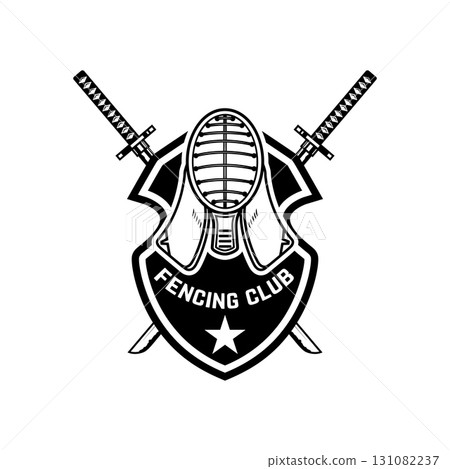 fencing sport emblem, badge and design element. Fencing swords, face guard. Vector illustration fencing sport emblem, badge and design element. Fencing swords, face guard. Vector illustration 131082237
