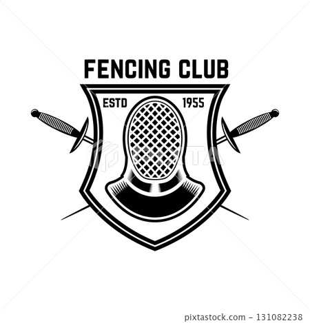 fencing sport emblem, badge and design element. Fencing swords, face guard. Vector illustration 131082238