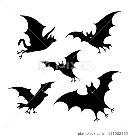 Five black bat silhouettes in flight Keywords: bat, silhouette, flying, halloween, spooky, night 131082263