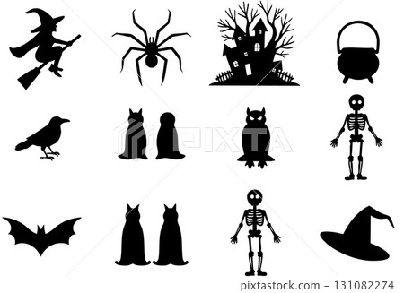 Halloween Silhouette Icons Witch Cat Skeleton Haunted House Crow Halloween Silhouette Icons Witch Cat Skeleton Haunted House Crow 131082274