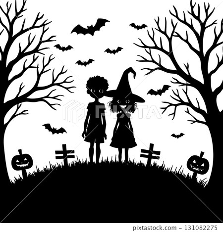 Halloween silhouette of children with pumpkins and bats Keywords: halloween, children, pumpkins Halloween silhouette of children with pumpkins and bats Keywords: halloween, children, pumpkins 131082275