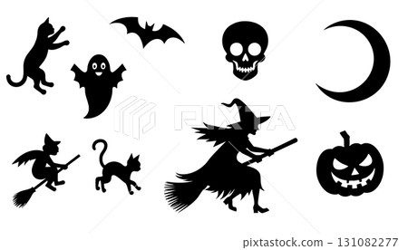 Halloween Silhouettes Cat Ghost Skull Moon Witch Pumpkin Bat 131082277