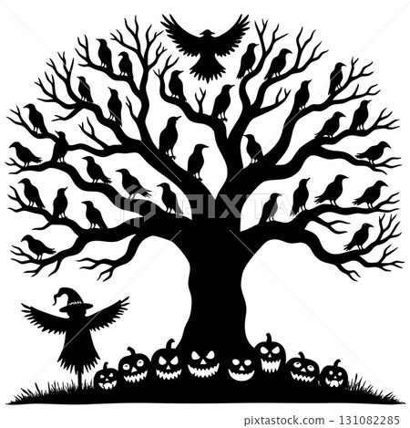 Halloween Tree with Birds Scarecrow and Pumpkins Silhouette Keywords: halloween, tree, bird 131082285