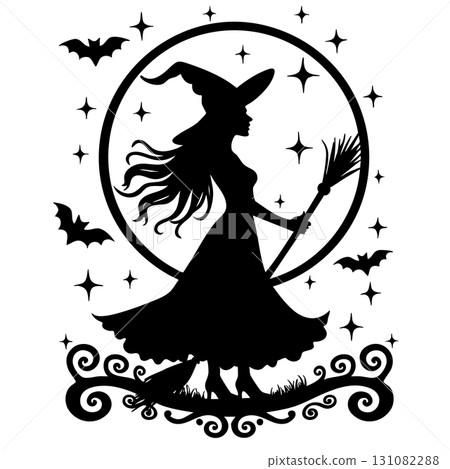 Halloween witch silhouette against a moon and starry sky 131082288