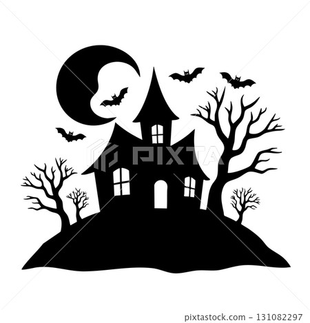 Haunted house silhouette with moon bats and bare trees Keywords: Halloween, haunted house Haunted house silhouette with moon bats and bare trees Keywords: Halloween, haunted house 131082297