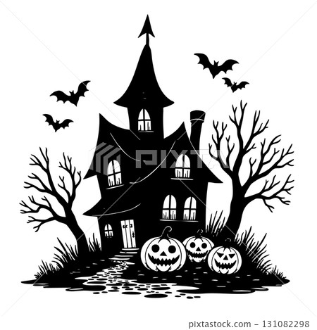 Haunted house with pumpkins path and bats silhouette Keywords: Halloween, haunted house, castle Haunted house with pumpkins path and bats silhouette Keywords: Halloween, haunted house, castle 131082298
