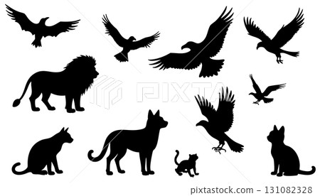 Silhouettes of birds of prey, cats, and a lion Keywords: animal, silhouette, eagle, hawk, falcon Silhouettes of birds of prey, cats, and a lion Keywords: animal, silhouette, eagle, hawk, falcon 131082328