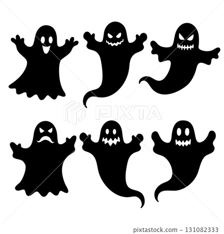 Six black ghost silhouettes with various expressions 131082333