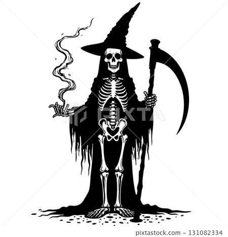Skeleton Grim Reaper with Scythe and Witch Hat death 131082334