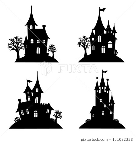 Spooky Halloween Haunted House Silhouettes with Trees 131082338