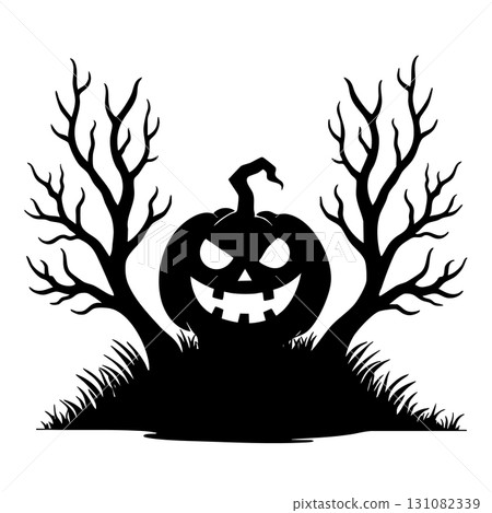 Spooky Halloween pumpkin silhouette with bare trees Keywords: halloween, pumpkin, jack o lantern 131082339