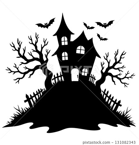 Spooky haunted house with bats gravestones and bare trees 131082343