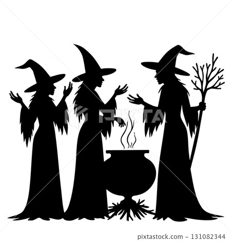 Three witches gathered around a cauldron with a broomstick 131082344