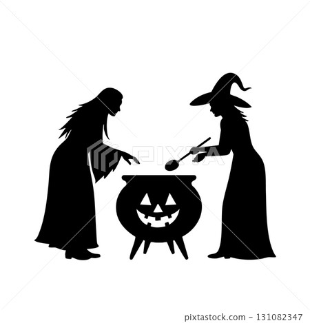 Two Witches Brewing Potion in a Cauldron Silhouette 131082347