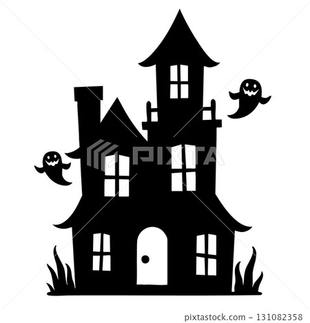 Spooky haunted house with ghosts and grass silhouette Keywords: Halloween, haunted house, ghost Spooky haunted house with ghosts and grass silhouette Keywords: Halloween, haunted house, ghost 131082358