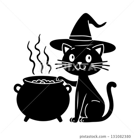 Black Cat Witch With Cauldron And Hat halloween 131082380
