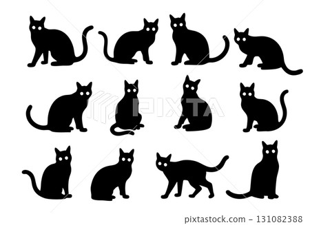 Collection of black cat silhouettes in various poses Collection of black cat silhouettes in various poses 131082388