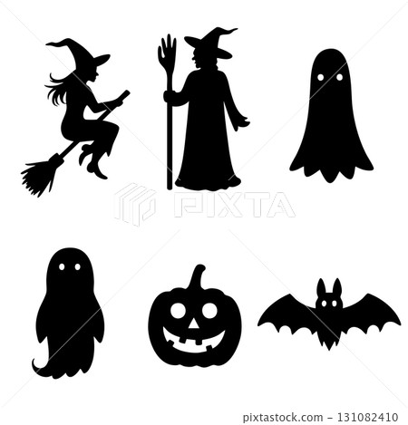 Halloween icons silhouette collection with witches, ghosts, pumpkin, and bat Halloween icons silhouette collection with witches, ghosts, pumpkin, and bat 131082410