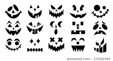 Halloween pumpkin faces set with a variety of scary and happy expressions. Vector flat illustration with funny, and scary eyes and mouth. 131082494