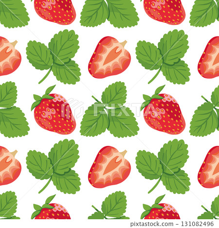 Strawberry pattern with wild berries and leaves background. Vector seamless texture illustration for summer cover, botanical wallpaper, wedding 131082496