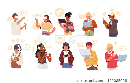 Diverse teenagers cartoon characters using gadget for studying, chatting in social network, gaming 131082638