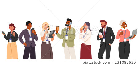 Businesspeople of different age enjoying professional occupation on foreground of white background 131082639