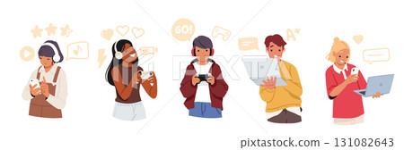 Children cute teenagers cartoon characters using gadgets for games, studying and listening to music Children cute teenagers cartoon characters using gadgets for games, studying and listening to music 131082643